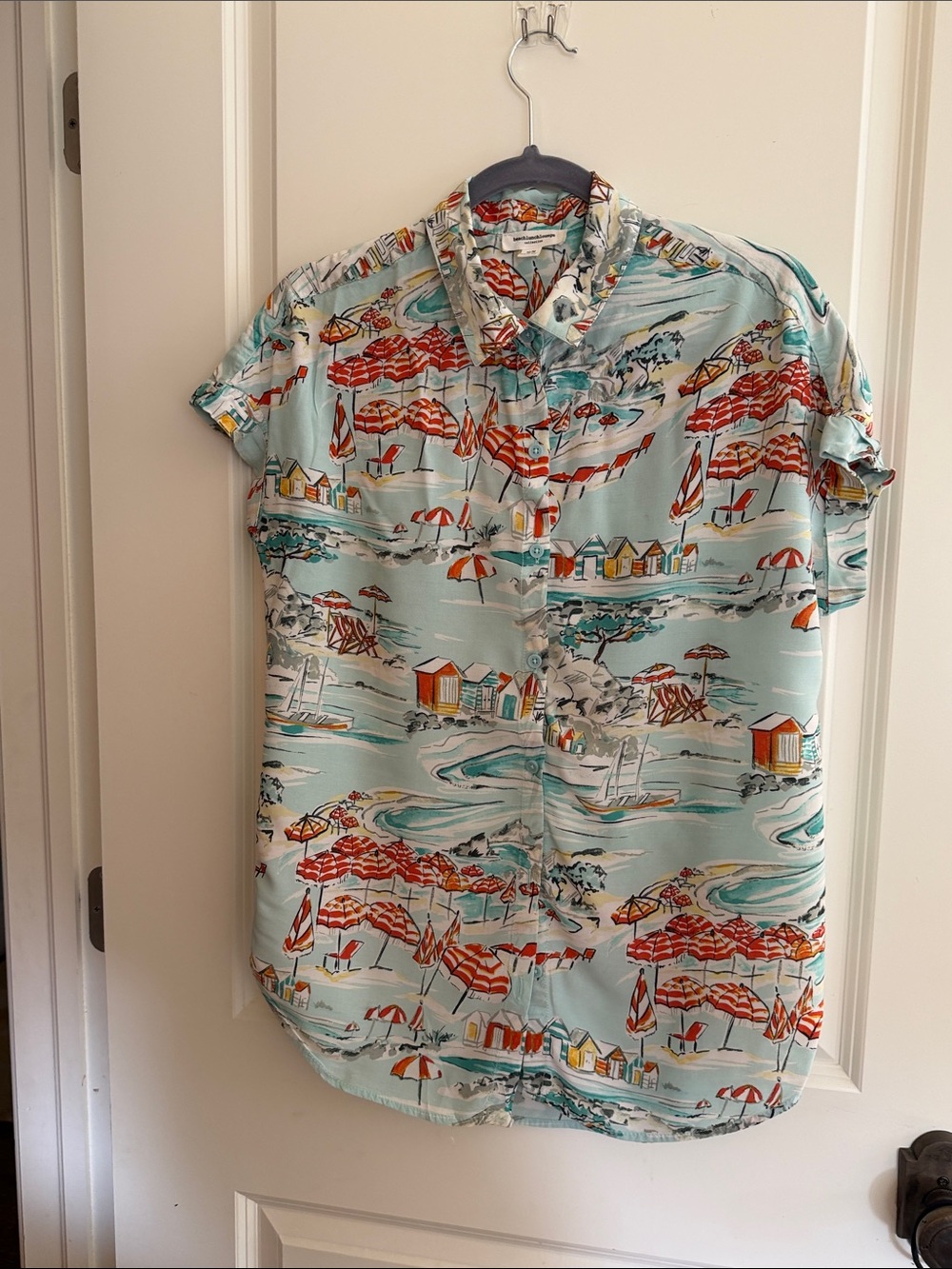 Women's Short-Sleeve BeachLunchLounge Print Shirt in Light Aqua size M